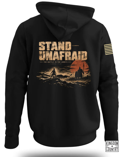 Black hoodie back with "STAND UNAFRAID" text and biblical scene.