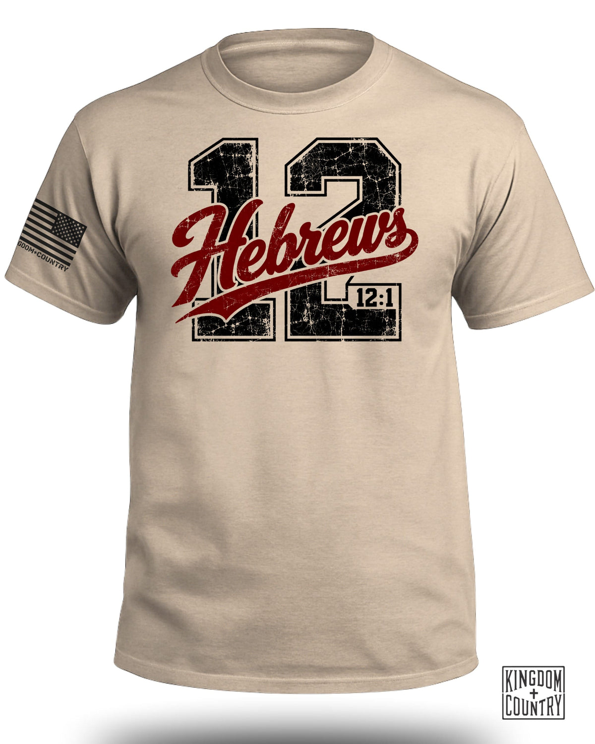T-shirt with distressed "12 Hebrews 12:1" graphic and American flag patch.