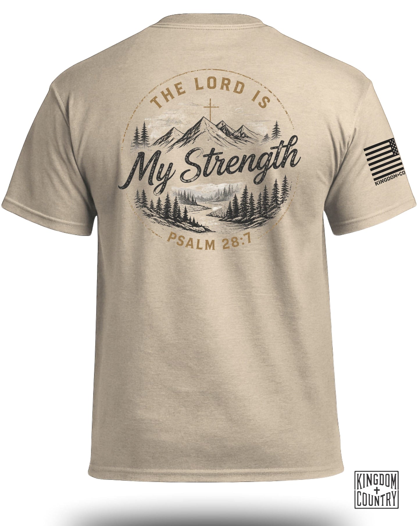 Tan t-shirt with "The Lord Is My Strength Psalm 28:7" mountain graphic and US flag sleeve logo.