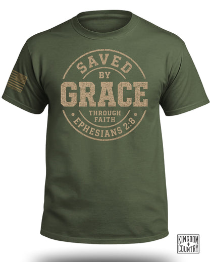Olive green t-shirt with "Saved by Grace Through Faith Ephesians 2:8" and American flag.