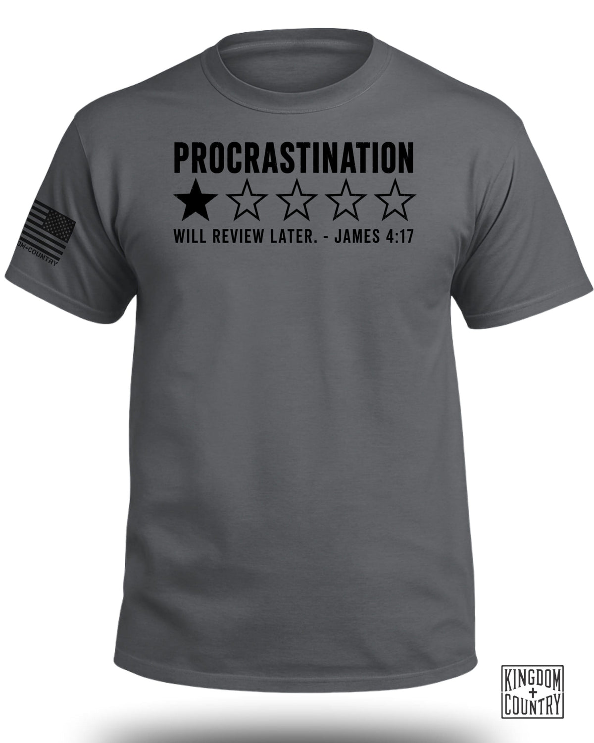 Charcoal t-shirt with "Procrastination" and one black star rating out of five.