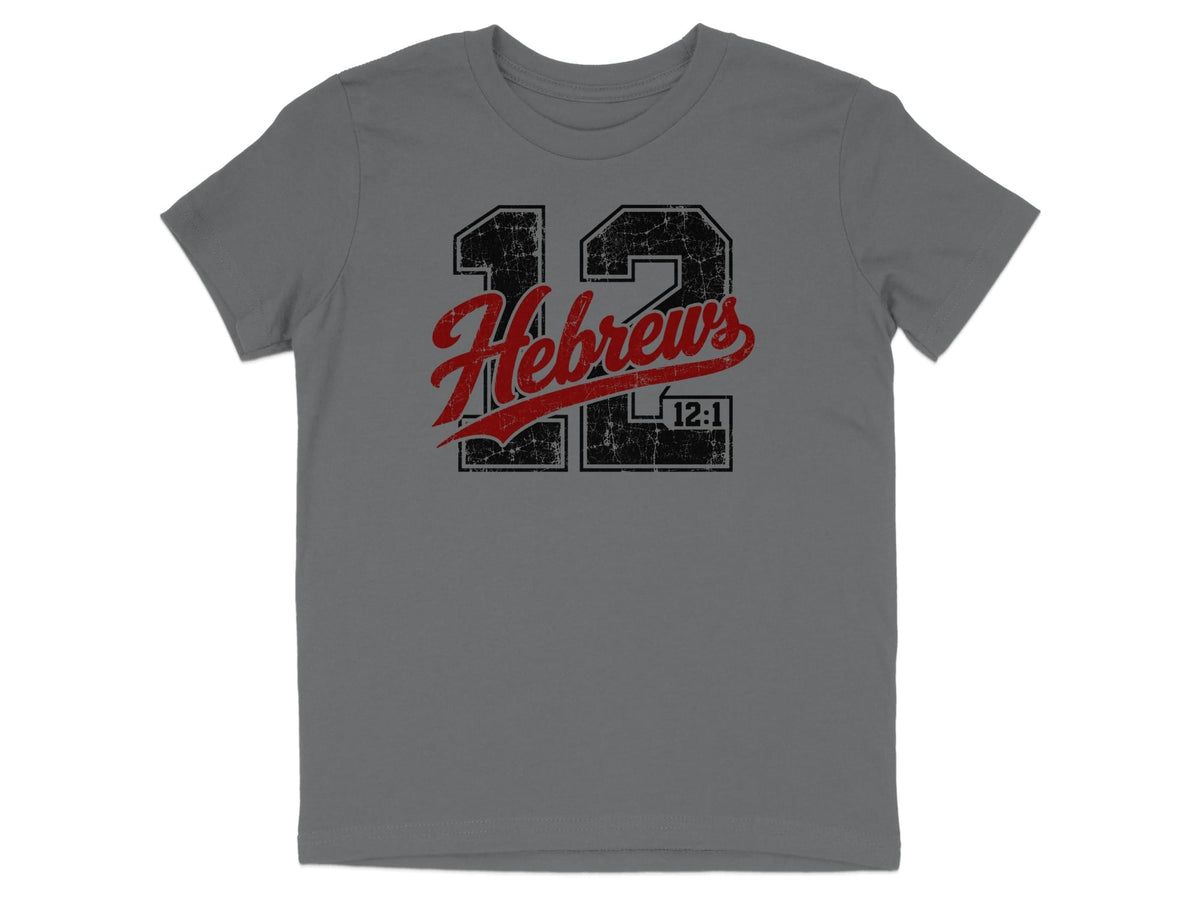 Grey t-shirt with distressed "12 Hebrews 12:1" graphic.