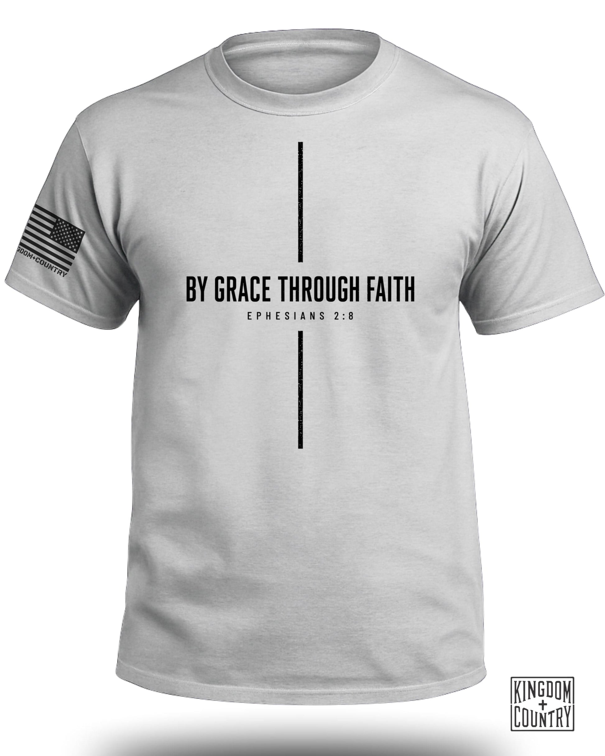 Gray t-shirt with "BY GRACE THROUGH FAITH" and "EPHESIANS 2:8" text.