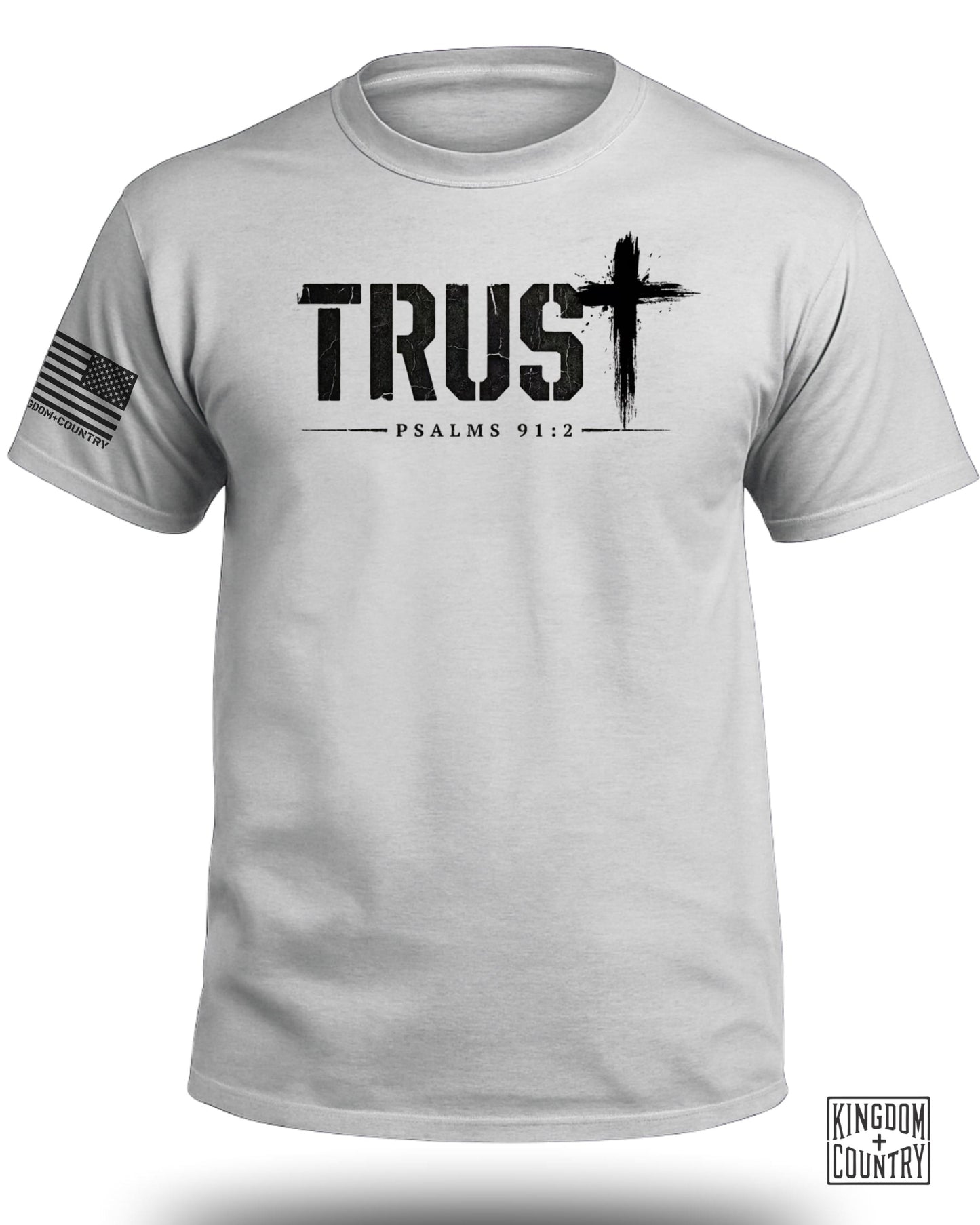 White t-shirt with "TRUST" and "PSALMS 91:2" text, a distressed cross, and an American flag graphic.