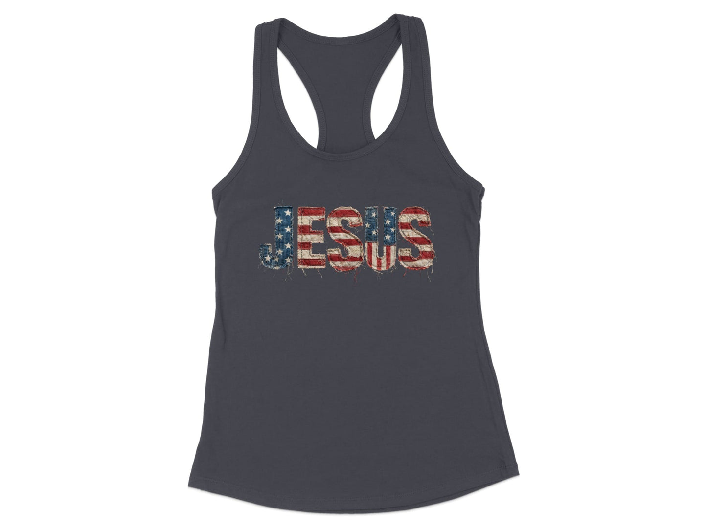 Dark grey tank top with "JESUS" text in American flag distressed print.
