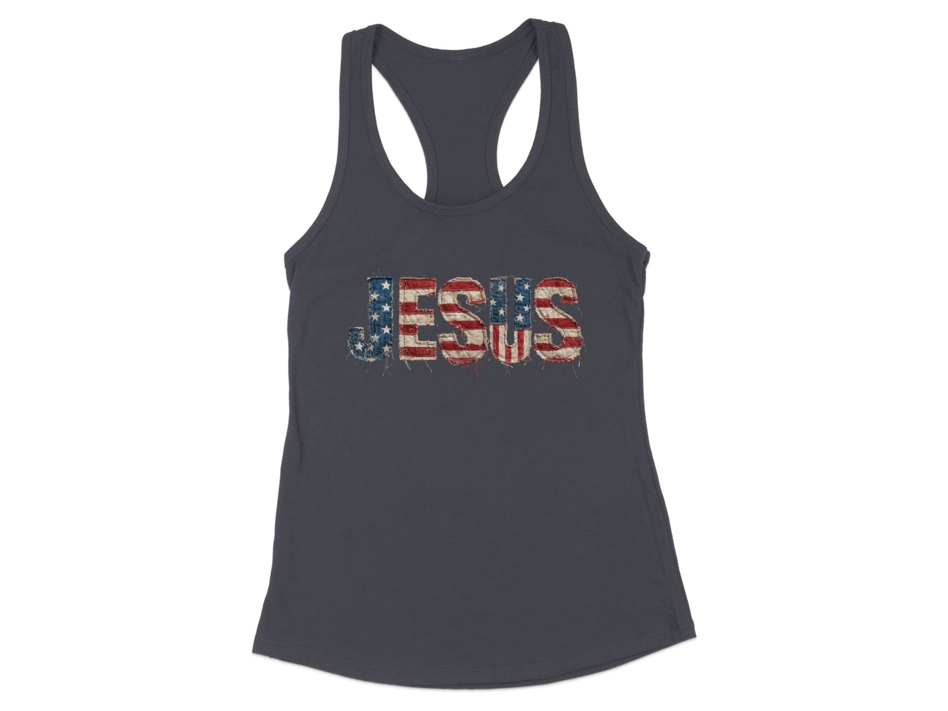 Dark grey tank top with "JESUS" text in American flag distressed print.