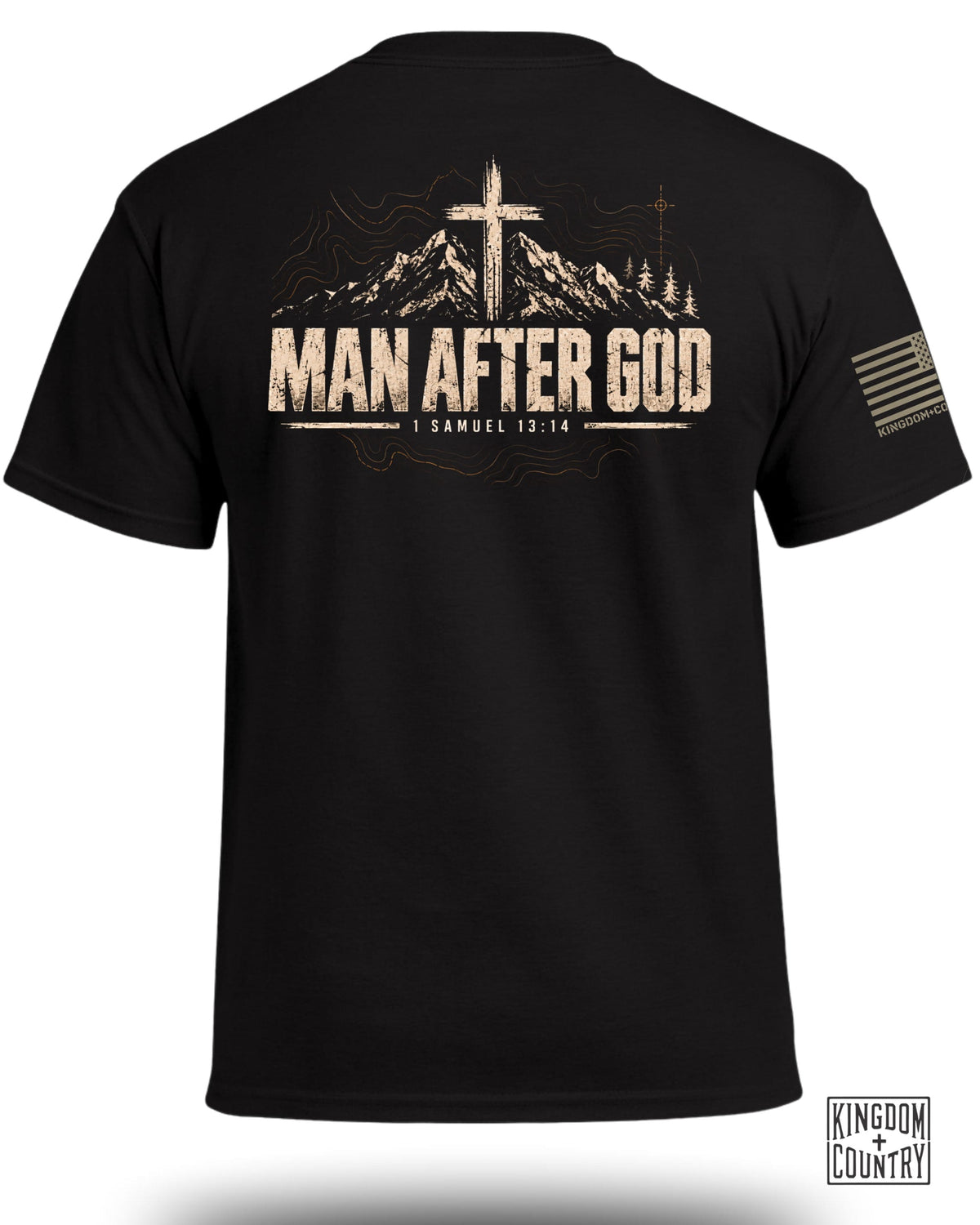 Black t-shirt with "MAN AFTER GOD 1 SAMUEL 13:14" and a mountain cross graphic.