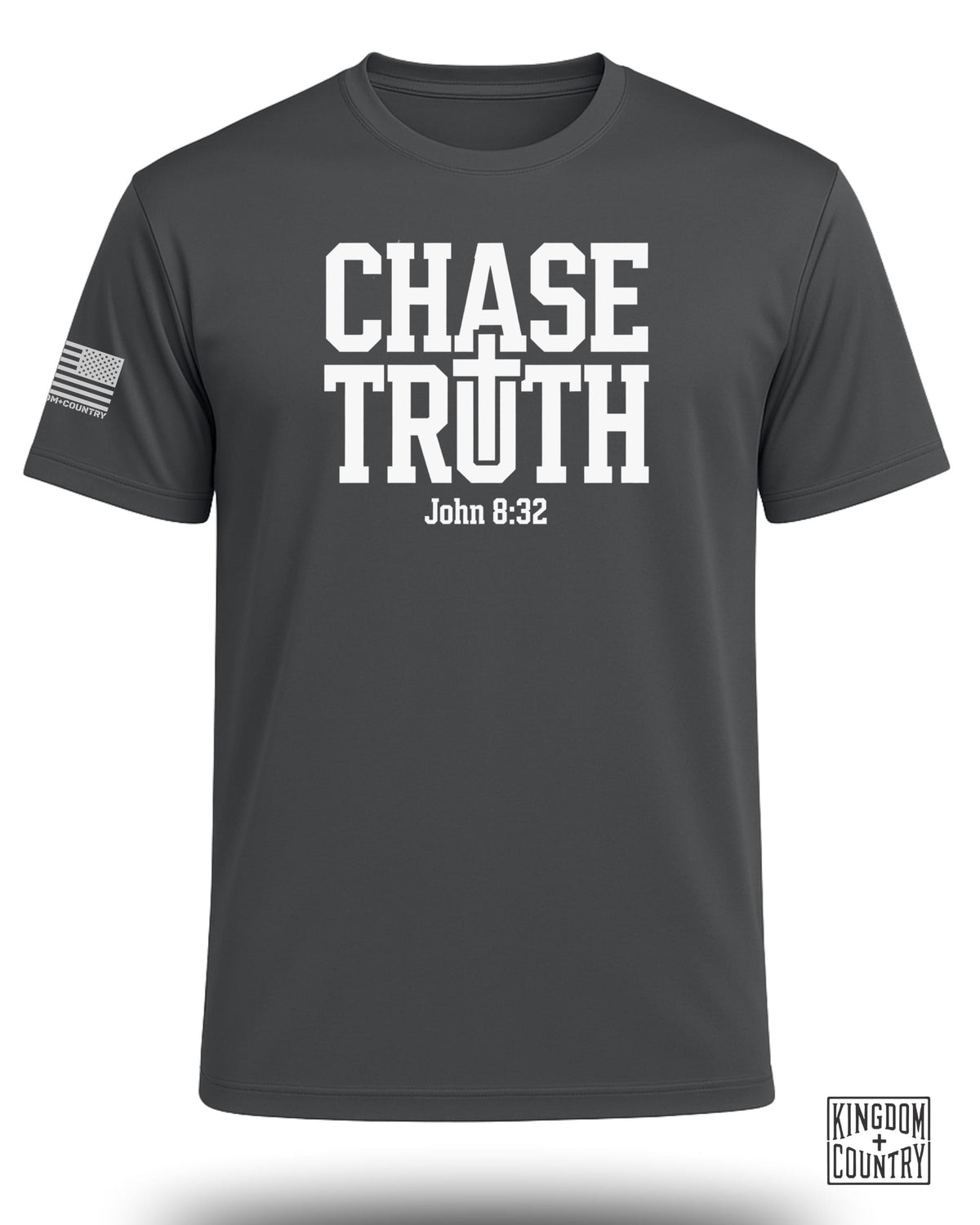 Dark gray t-shirt with "CHASE TRUTH John 8:32" and an American flag logo.