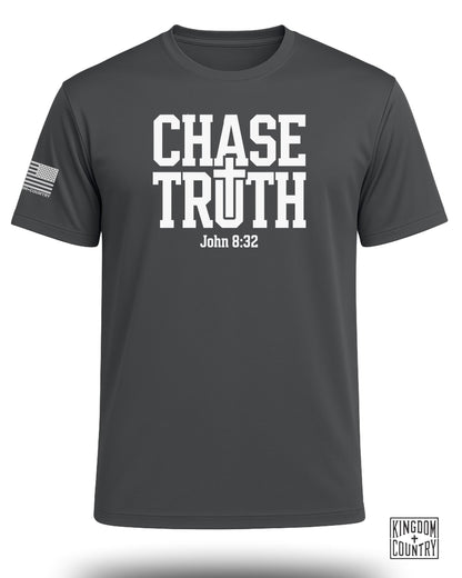 Dark gray t-shirt with "CHASE TRUTH John 8:32" and an American flag logo.