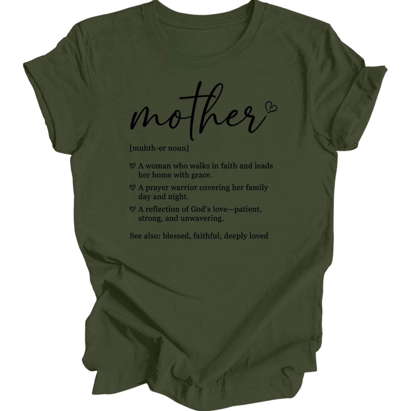 Green t-shirt with "mother" text and inspirational definitions.