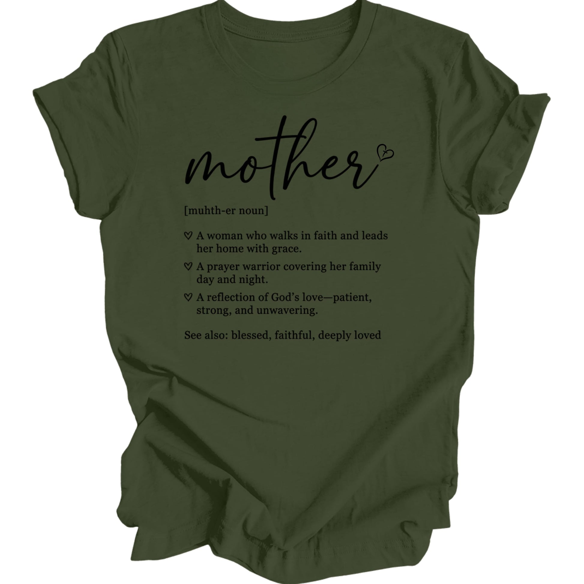 Green t-shirt with "mother" text and inspirational definitions.