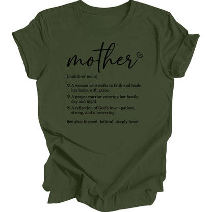Green t-shirt with "mother" text and inspirational definitions.