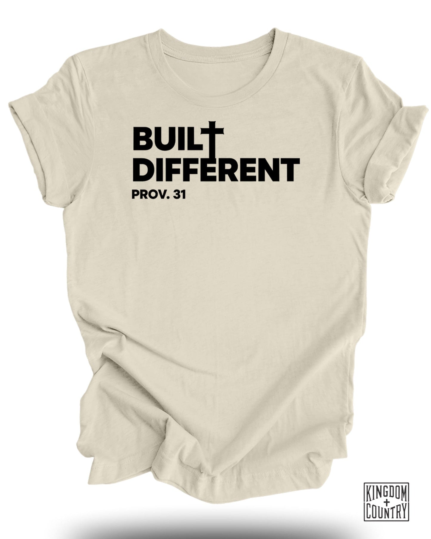 Cream t-shirt with "BUILT DIFFERENT" and "PROV. 31" in black text.