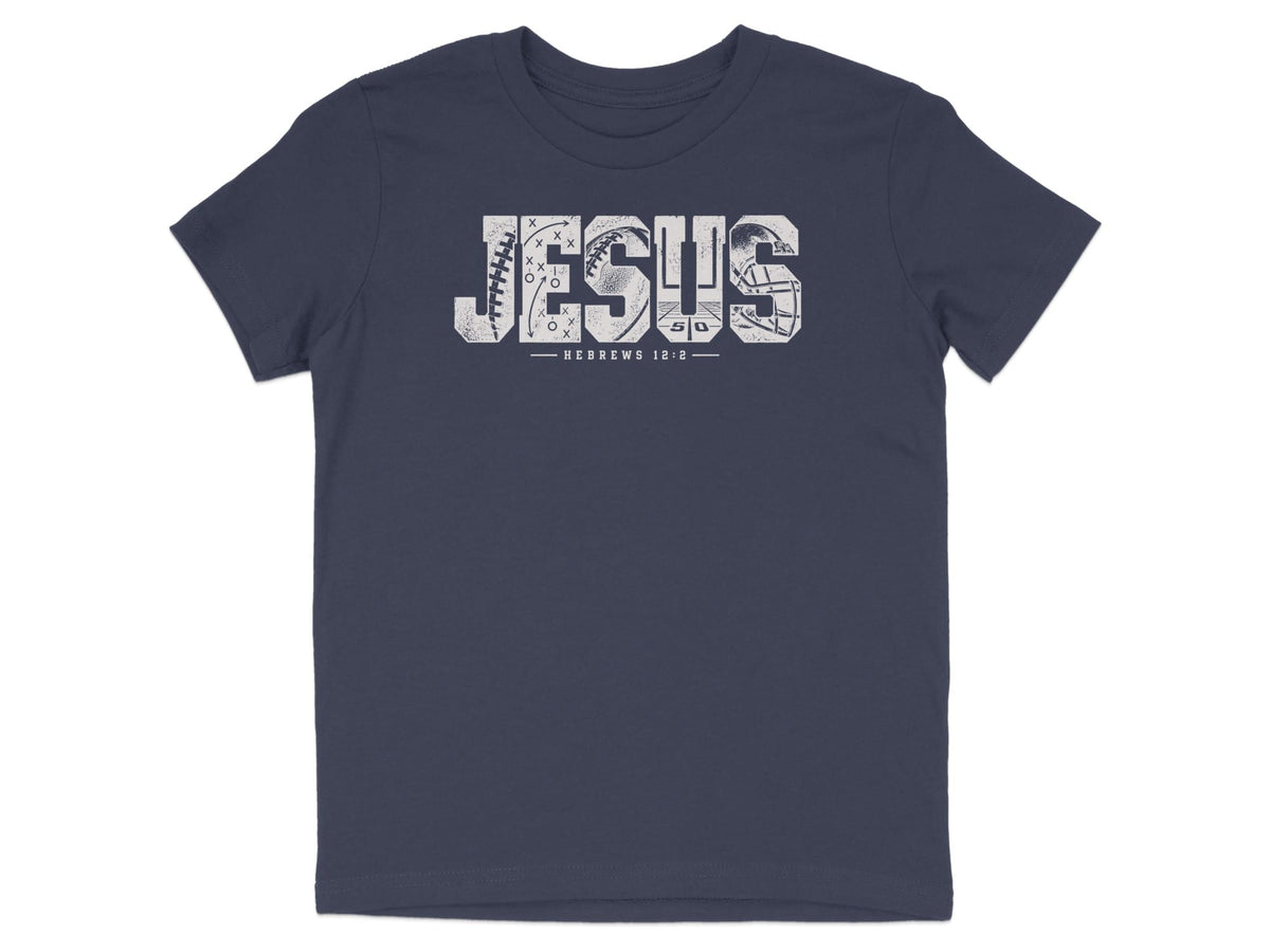 Navy t-shirt with "JESUS" in distressed letters featuring football elements and "HEBREWS 12:2".