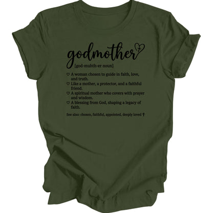 Olive green t-shirt with "Godmother" and its definition.