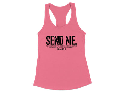 Pink tank top with "SEND ME" and Isaiah 6:8 Bible verse.