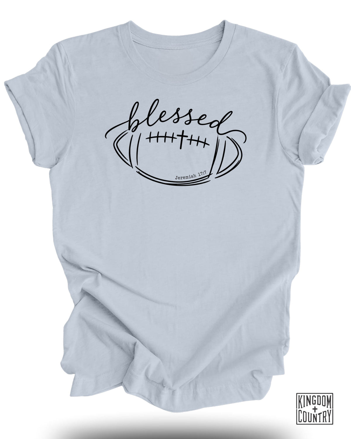 Light blue t-shirt with black graphic of a football, cross, and "blessed" text.
