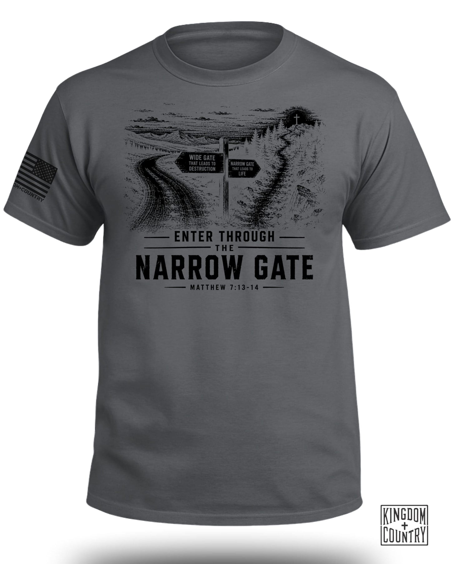 Gray t-shirt with graphic of a road fork, narrow and wide gates, and text "Enter Through The Narrow Gate".