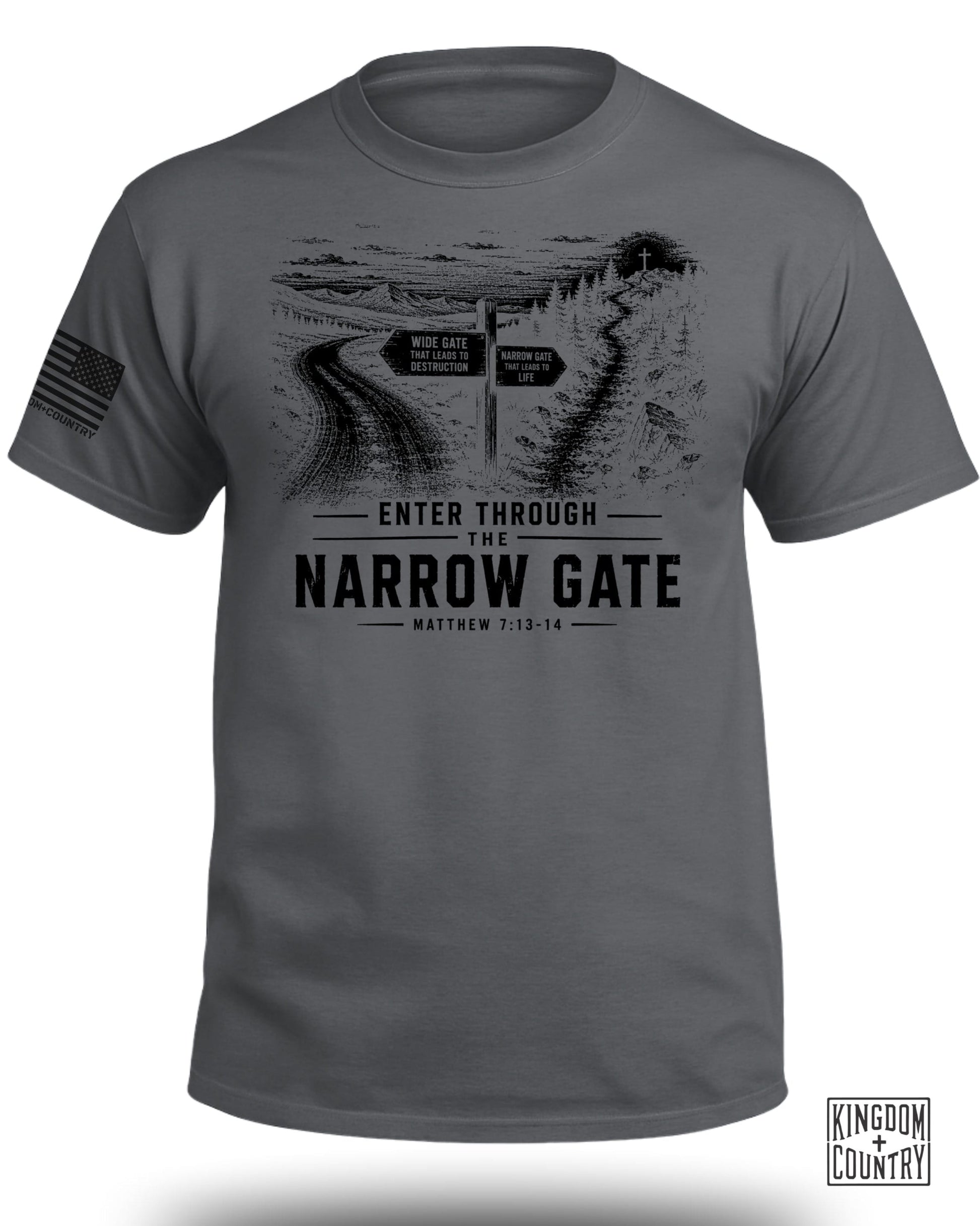 Gray t-shirt with graphic of a road fork, narrow and wide gates, and text "Enter Through The Narrow Gate".
