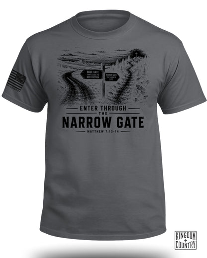 Gray t-shirt with graphic of a road fork, narrow and wide gates, and text "Enter Through The Narrow Gate".