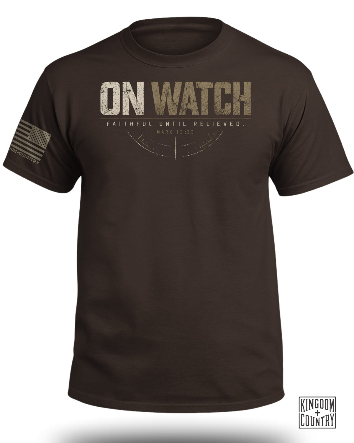 Brown t-shirt with "ON WATCH" text, American flag, and "Kingdom+Country" logo.