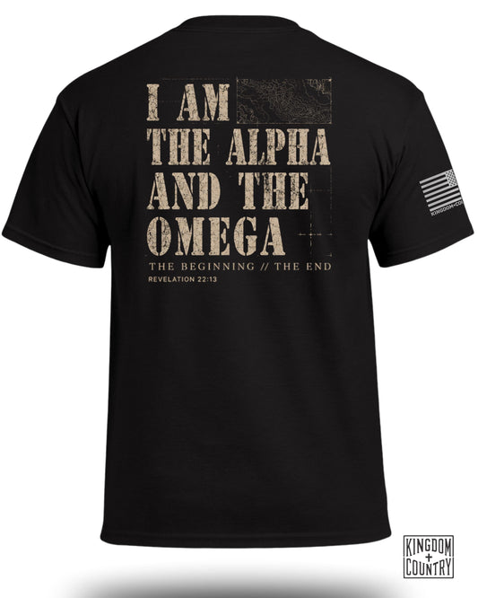 Black t-shirt with "I AM THE ALPHA AND THE OMEGA REVELATION 22:13" text.