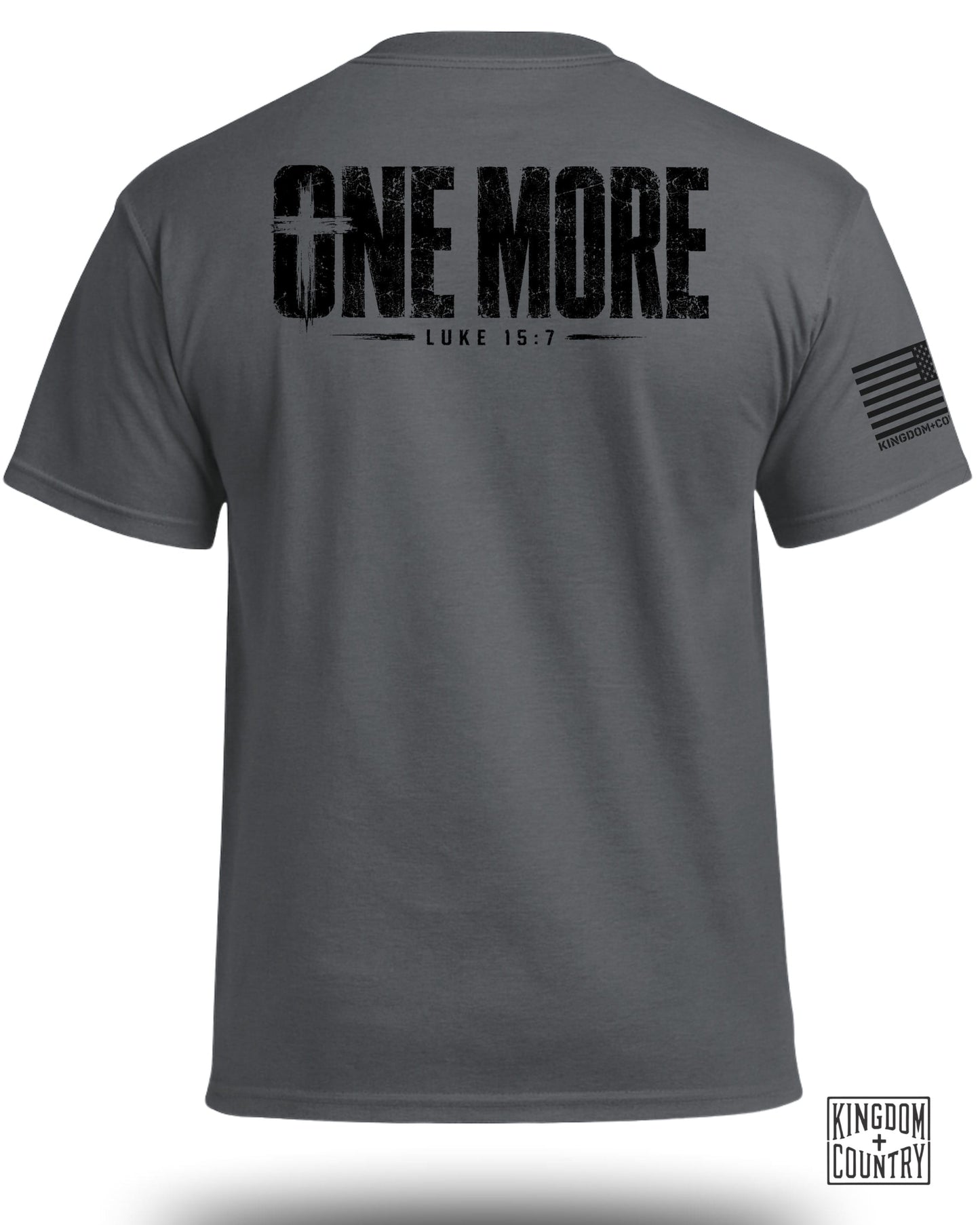 Dark grey t-shirt with distressed "ONE MORE LUKE 15:7" graphic and American flag.