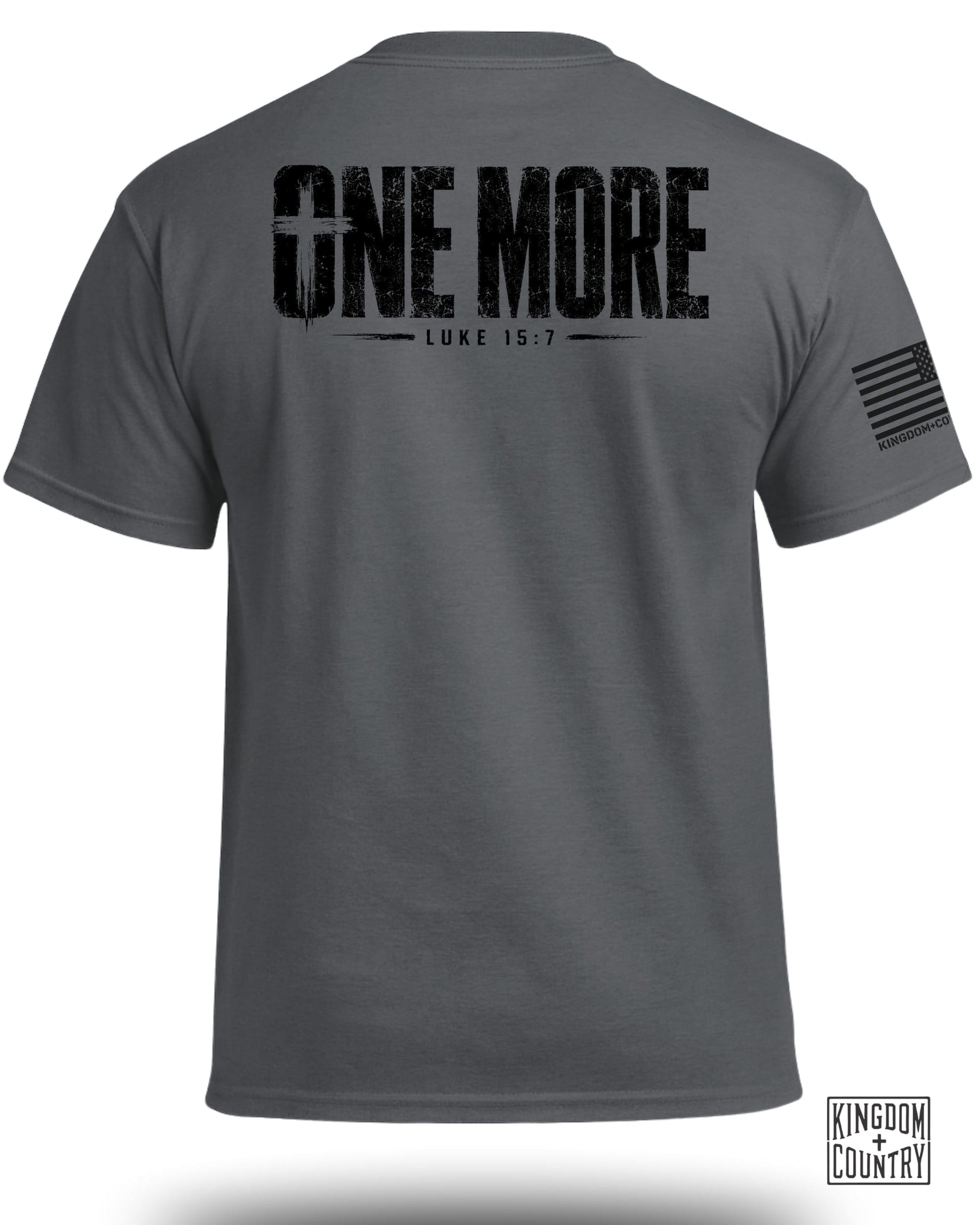 Dark grey t-shirt with distressed "ONE MORE LUKE 15:7" graphic and American flag.