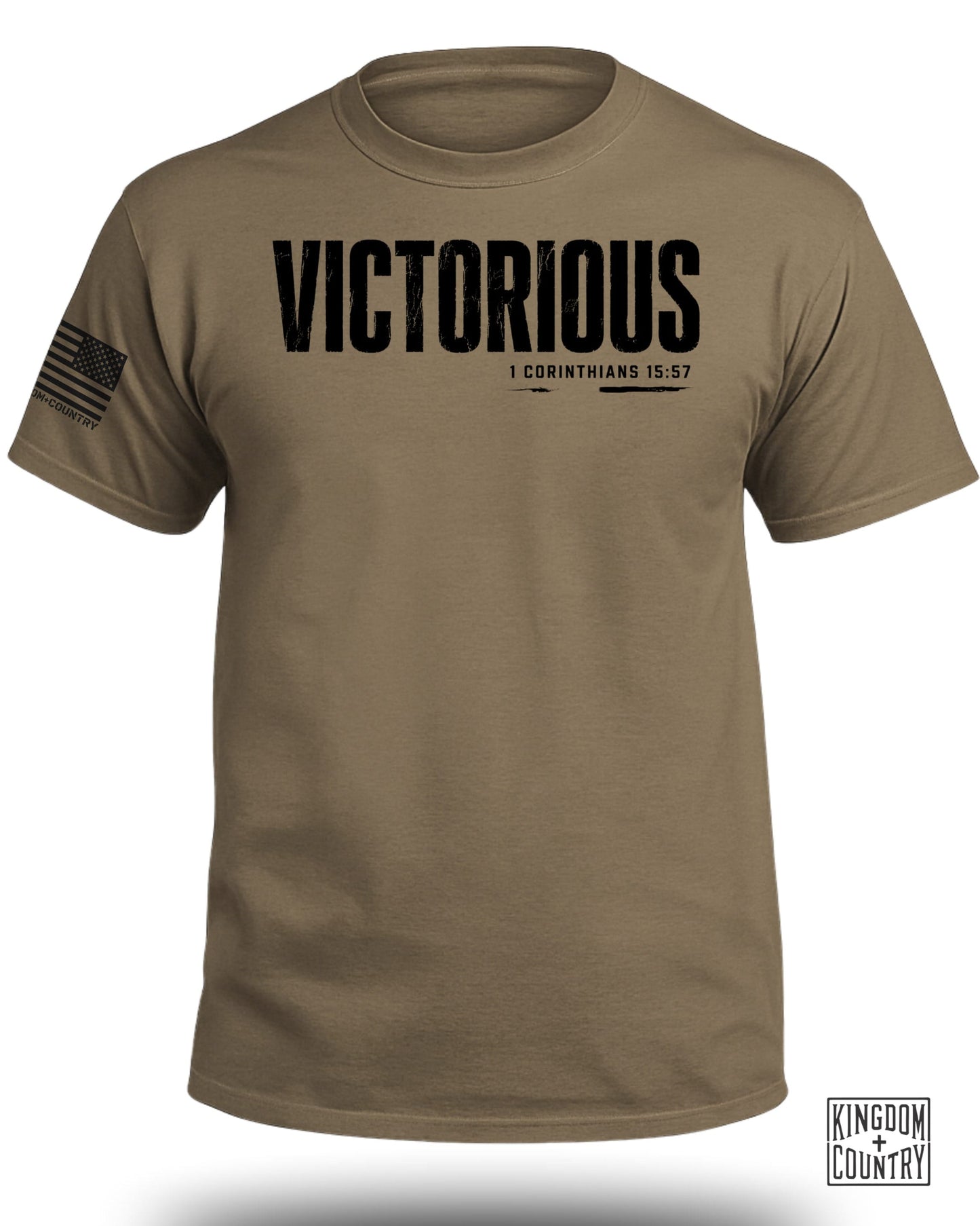 Brown t-shirt with black text "VICTORIOUS" and "1 CORINTHIANS 15:57".