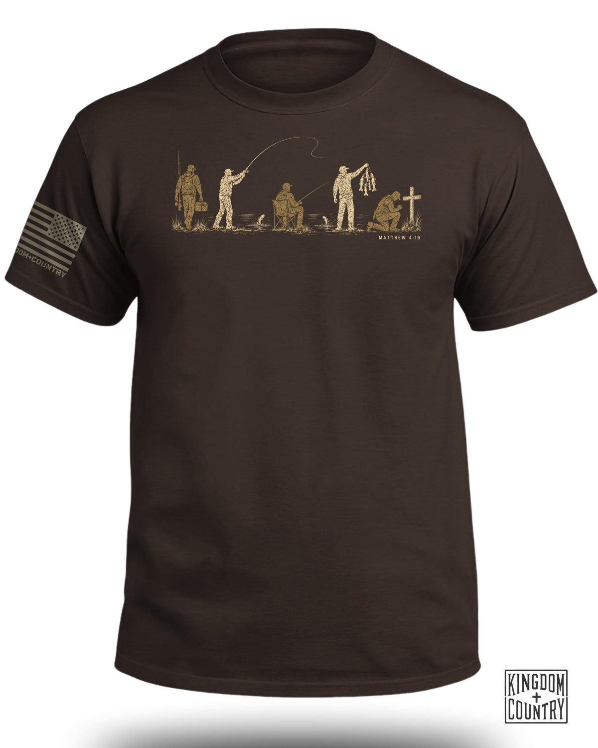 Brown t-shirt with graphic of fishing progression and Matthew 4:19 text.