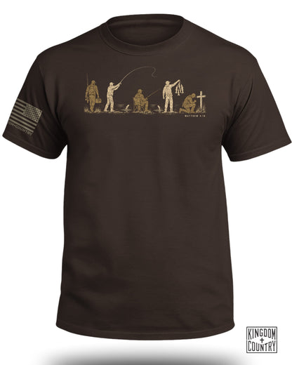 Brown t-shirt with graphic of fishing progression and Matthew 4:19 text.