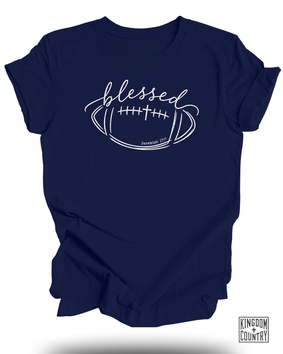 Navy t-shirt with a white football graphic and the word "blessed".