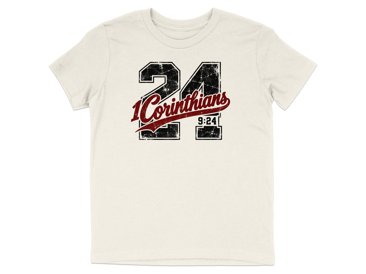 Cream t-shirt with distressed "24" and "1 Corinthians 9:24" text.