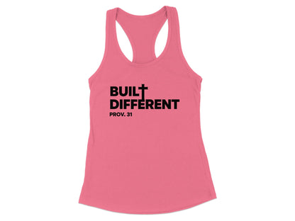 Pink tank top with "BUILT DIFFERENT" and "PROV. 31" in black text.