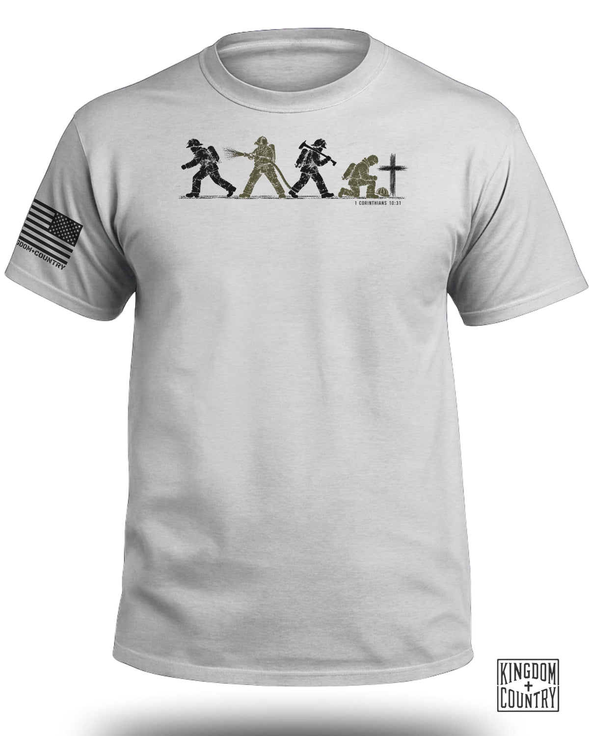 Light gray crewneck t-shirt featuring firefighter graphics, Bible verse text, and an American flag sleeve patch.