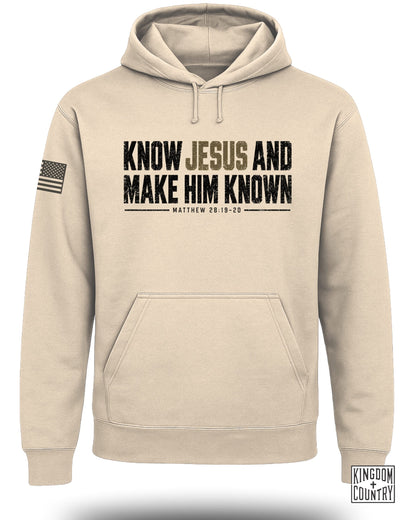 Tan hoodie with "Know Jesus and Make Him Known" text and Matthew 28:19-20 scripture.