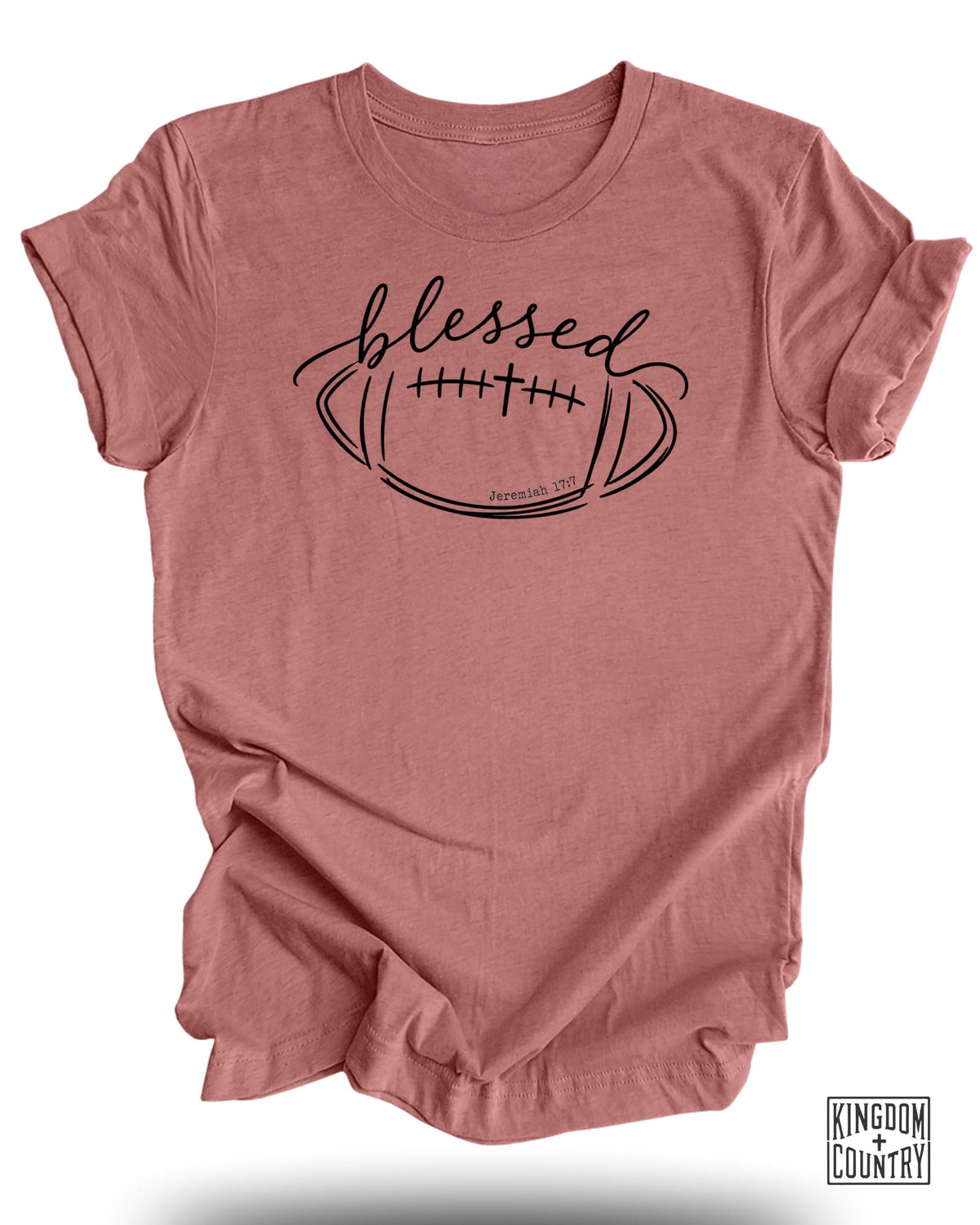 T-shirt with "blessed" text, football graphic, and "Jeremiah 17:7".