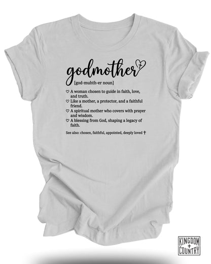 White t-shirt with "godmother" definition and Kingdom Country logo.