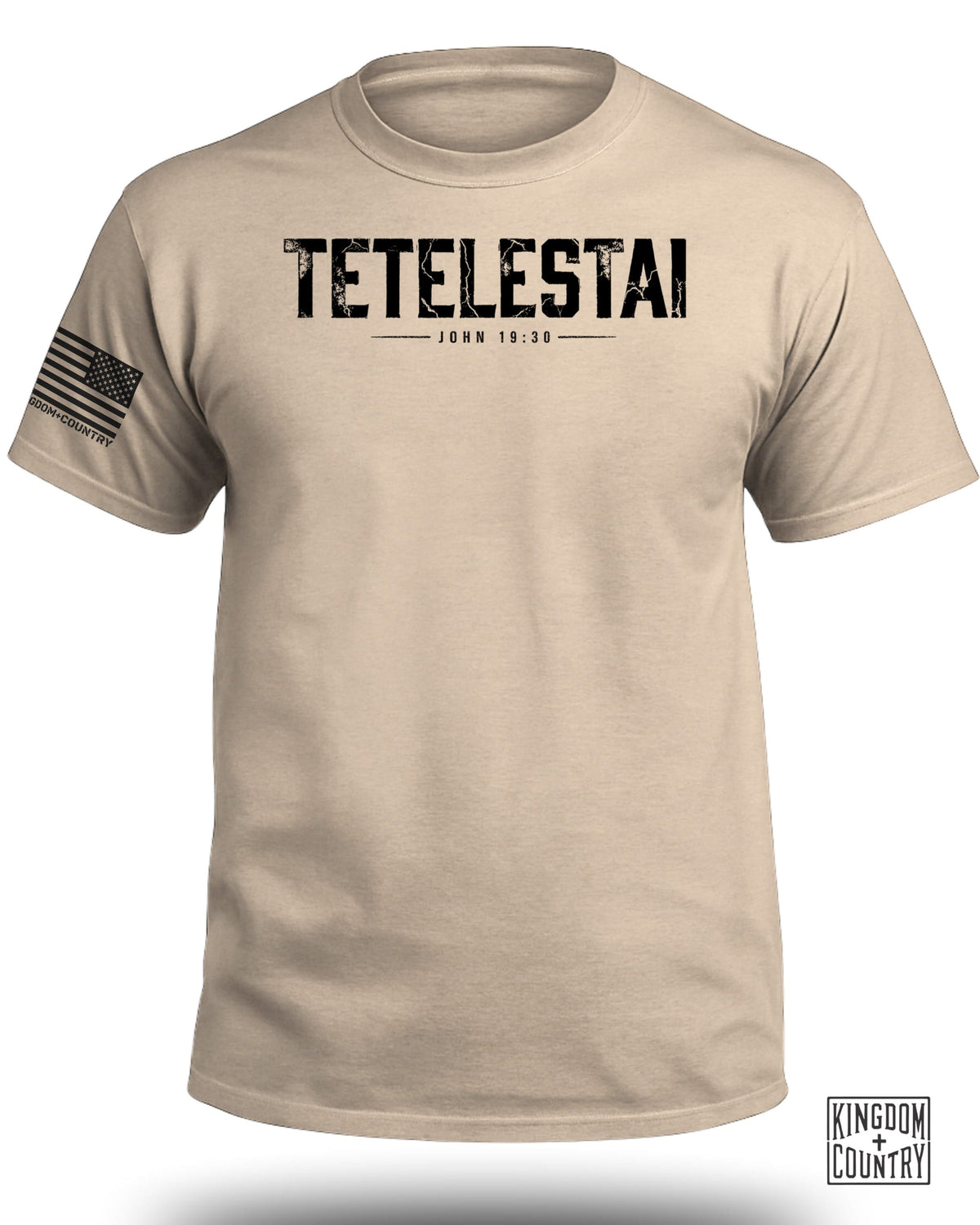 Tan t-shirt with "Tetelestai John 19:30" graphic and American flag sleeve patch.
