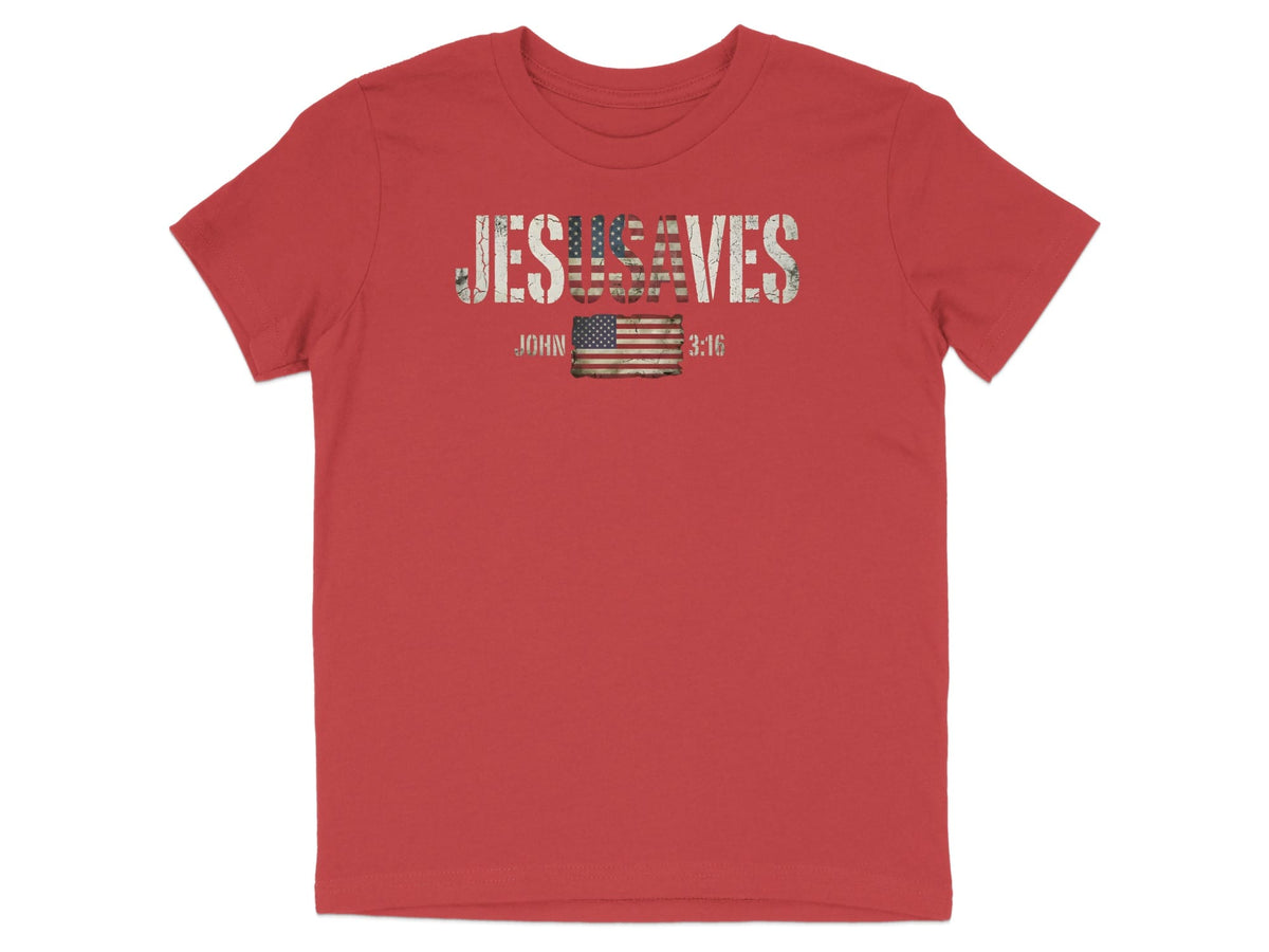 Red t-shirt with "JESUS SAVES" text and American flag graphic.