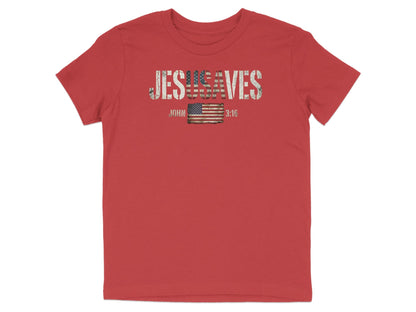 Red t-shirt with "JESUS SAVES" text and American flag graphic.