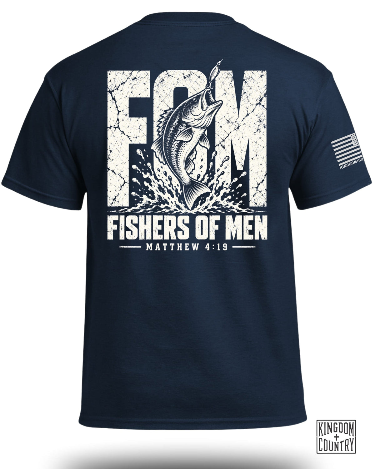Navy t-shirt with "FCM Fishers of Men Matthew 4:19" and a jumping bass graphic.