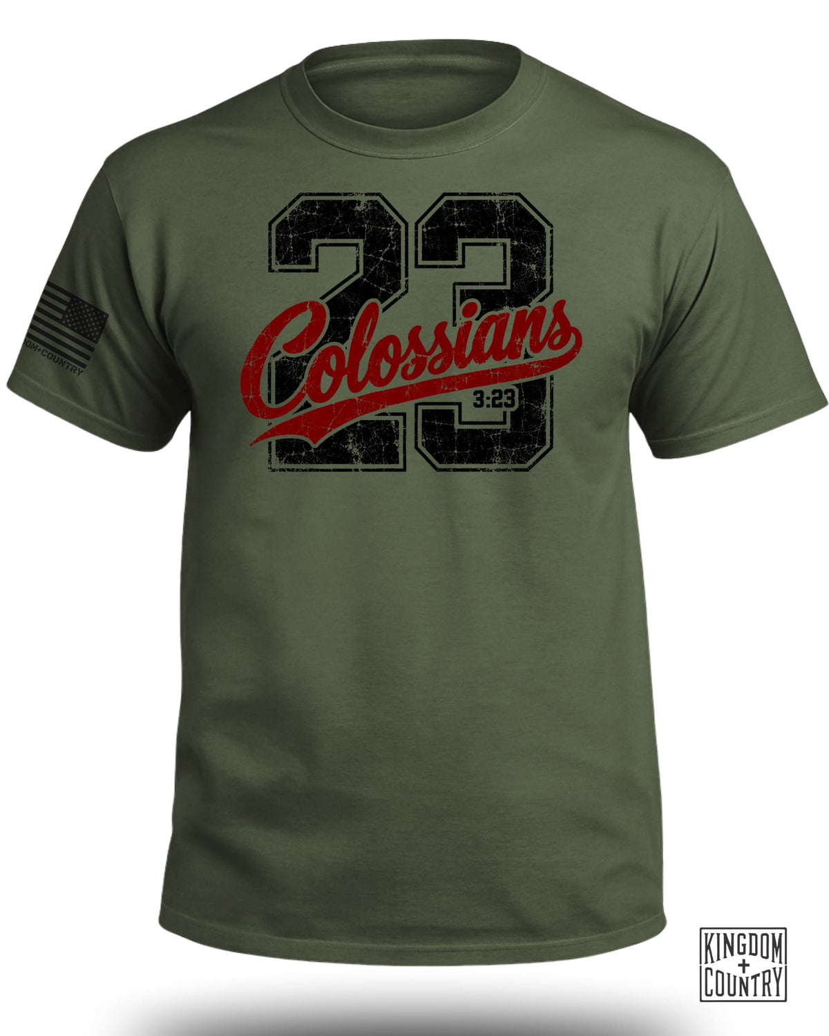 Olive green t-shirt with distressed "Colossians 3:23" graphic and US flag patch.