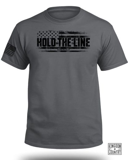 Gray t-shirt with distressed American flag and "HOLD THE LINE" text.