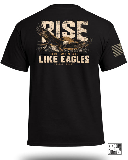 Black t-shirt with eagle graphic and text "RISE ON WINGS LIKE EAGLES ISAIAH 40:31".