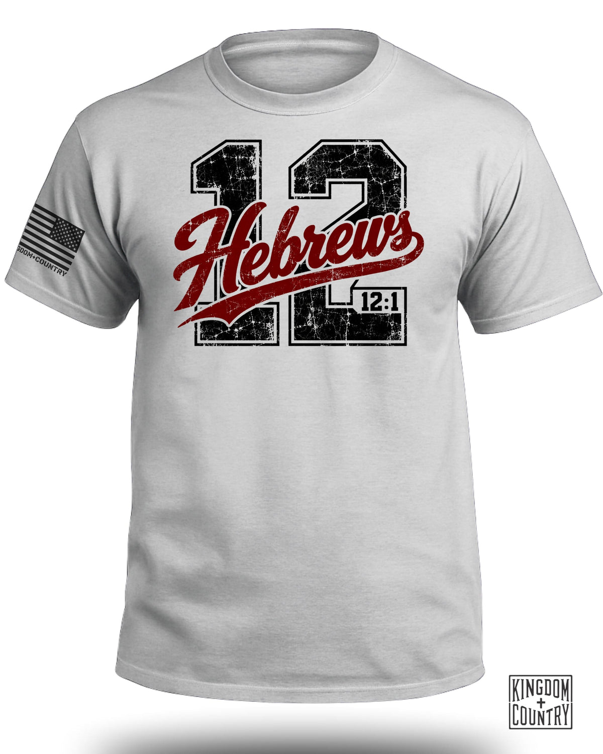 Grey t-shirt with large "12 Hebrews 12:1" graphic and American flag on sleeve.