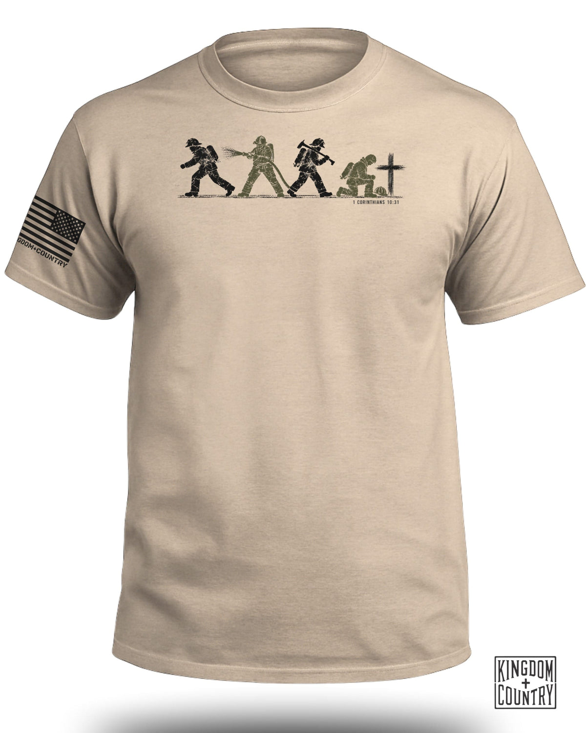 Tan crew neck t-shirt featuring a firefighter graphic and American flag on the sleeve.
