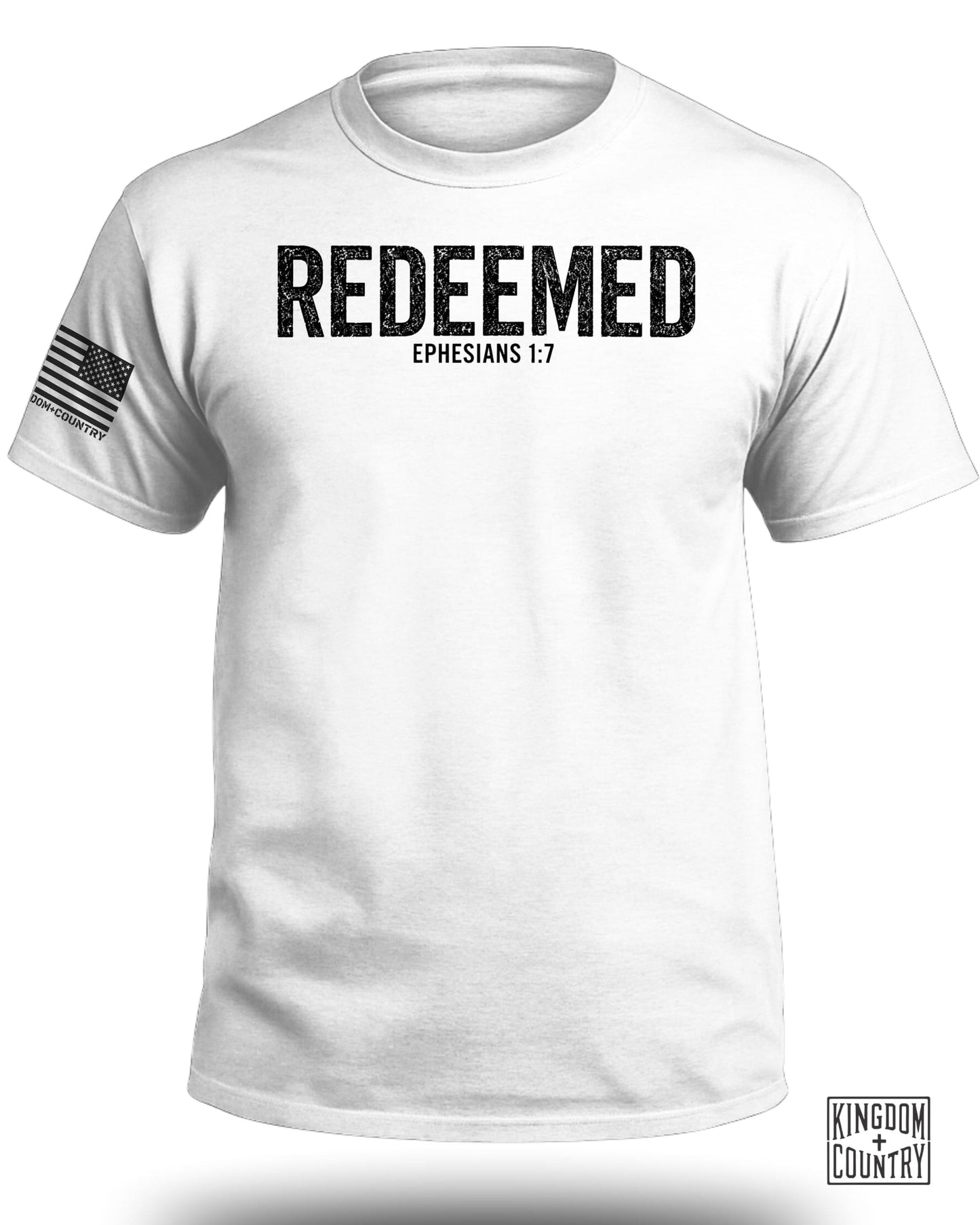 White t-shirt with "REDEEMED" and "EPHESIANS 1:7" text.