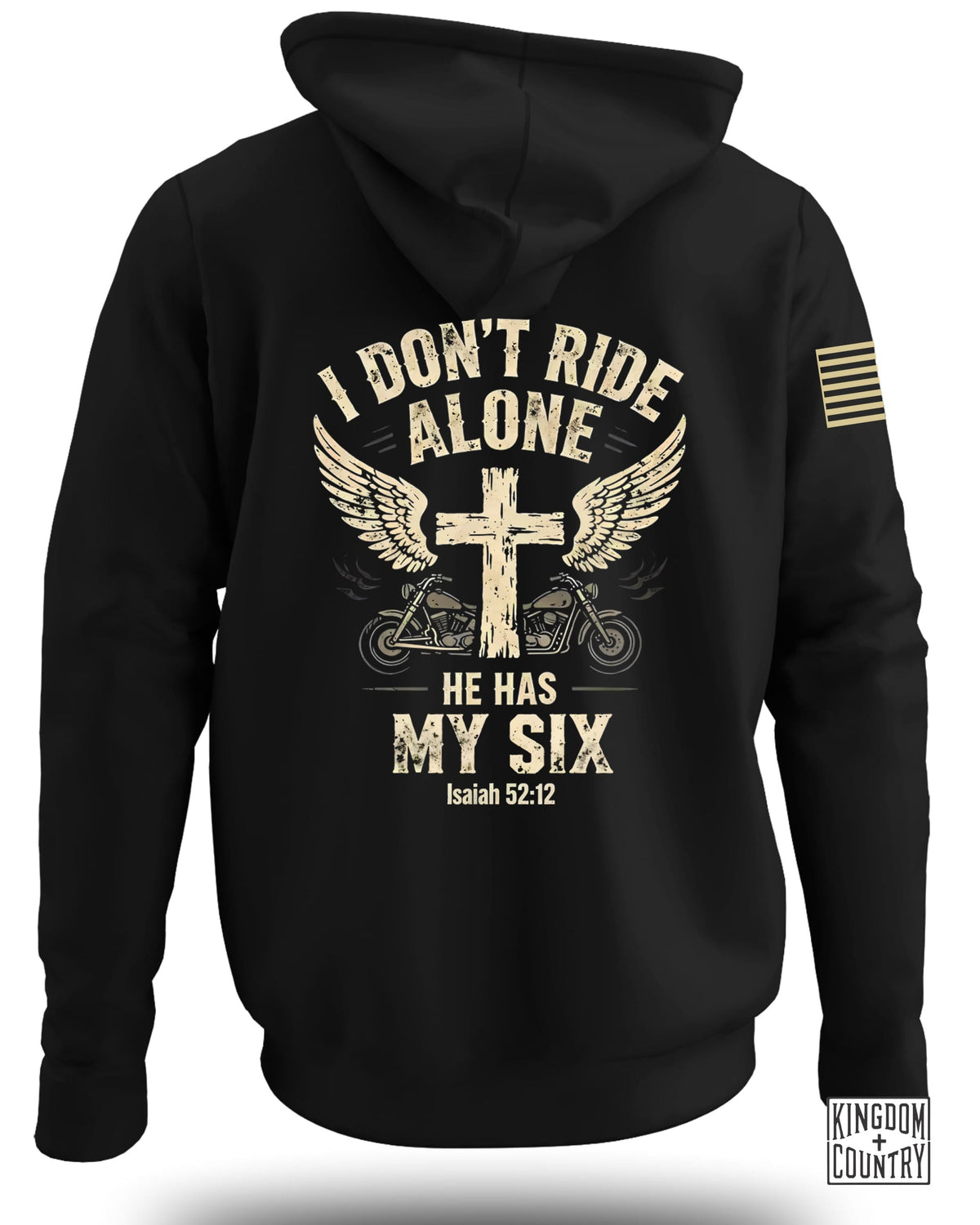 Black hoodie with wings, cross, motorcycles, and "I Don't Ride Alone" text.