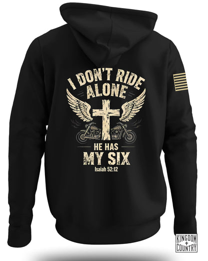 Black hoodie with wings, cross, motorcycles, and "I Don't Ride Alone" text.